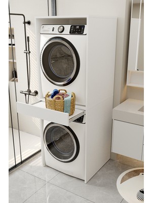 Aeka AE-1048 Erciyes Beyaz Sürgü Raflı Sepetlik Bölmeli 186 cm Çamaşır ve Kurutma Makinesi Dolabı