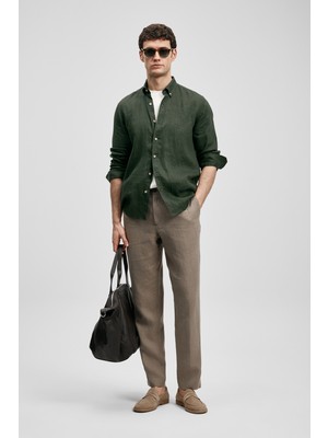 Lufian Pitaya Erkek Keten Gömlek Comfort Fit Koyu Yeşil
