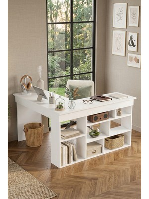 Robin Home Martin Kitaplık Raflı Çalışma Masası L Ofis Masası Beyaz (Raflar Oturunca Solda)