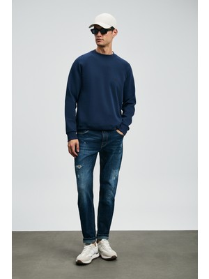 Lufian Edgar Slim Fit Erkek Spor Jean Pantolon Mavi Dokuma Kumaş ile Günlük Kullanım İçin