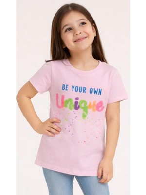 Alg Kız Çocuk Unique Yazı Desenli Pul Nakışlı Pudra Renk Tişört