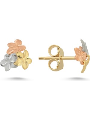 Zümrüt Sarraf 14 Ayar Altın Üç Renk Çiçekli Küpe