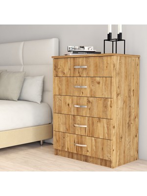 Tanmob Şifonyer 5 Çekmeceli Atlantik Çam Renkli Modern Tasarım 72 cm Genişlik 98 cm Yükseklik SFY0202