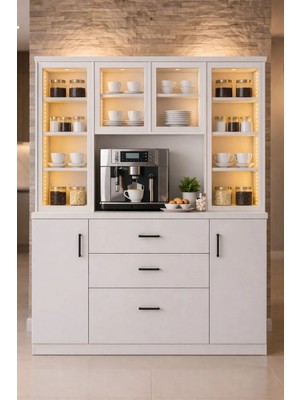 Setay Vitrinli Ünite, Adrea Kahve Köşesi + Çok Amaçlı Raflı Iki Kapaklı Dolap