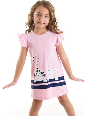 Denokids Kız Çocuk Elbise Çizgili Dostlar Rahat Kesim Günlük Stil Pembe Renk