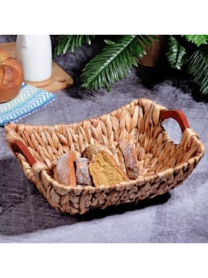 Teknocan Marketing Kosova Wicker Serisi Bezli Diktördgen Ahşap Kulplu Hasır Ekmek Sepeti