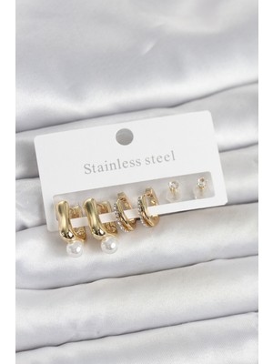 Pileli Store 316L Çelik Gold Renk Kadın Küpe Seti