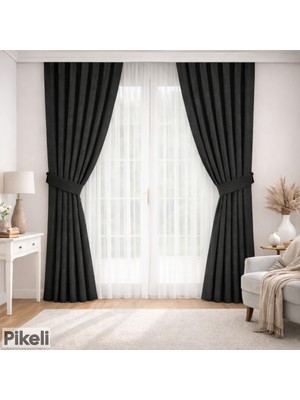 Pikeli Ada Kanat Fon - 1/3 Sık Pileli - Kadife Dokulu - Tek Kanat - Antrasit Renk