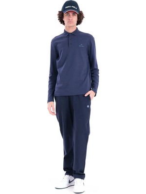 Piero Perla Regular Fit Penye İnterlok Jakar Yakalı Uzun Kollu Polo Erkek Lacivert T-Shirt