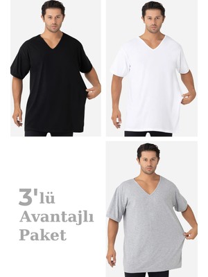 Arma Yıldız 3'lü Paket Renkli Erkek V Yaka Kısa Kollu Büyük Beden Tişört %100 Pamuklu Penye