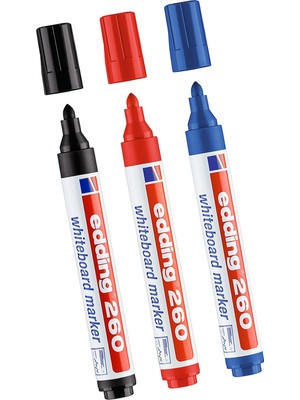 Edding Beyaz Yazı Tahtası Kalemi 3 Renk E-260 Siyah Mavi Kırmızı 1.5-3 mm Silinebilir Kalın Uç