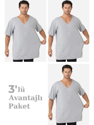 Arma Yıldız 3'lü Paket Gri Erkek V Yaka Kısa Kollu Büyük Beden Tişört %100 Pamuklu Penye