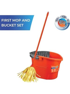 Teknocan Marketing First Pratik Sıkmalı Paspas Seti Yüksek Emici Şerit Mop ve Kova