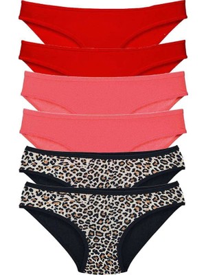 Al-Fil Teknoloji 6 Adet Likralı Kadın Slip Külot Leopar Kırmızı Fuşya