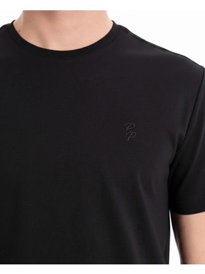 Piero Perla Interlok Compact Tona Ton EVA Nakışlı Bisiklet Yaka Slim Fit Erkek Siyah T-Shirt