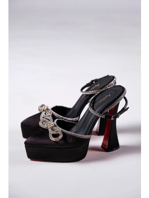 Ayakkabı Ateşi Siyah Saten Taş Detaylı Platform Kadın Ayakkabı Fallon