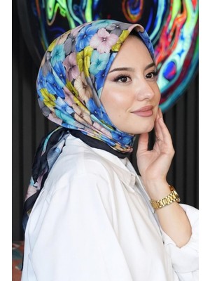 Afvente Ortanca Çiçek Desen Saks Soft Pamuk Eşarp