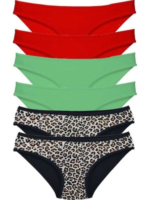 Al-Fil Teknoloji 6 Adet Likralı Kadın Slip Külot Leopar Kırmızı Yeşil