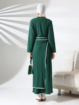 Modamorfo Dik Yaka Örme Krep Beli Bağlamalı Iki Parçalı Elbise -Zümrüt
