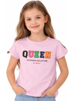 Alg Kız Çocuk Queen Yazı Desenli Omzu Şerit Detaylı Kısa(Crop) Pembe Renk Tişört