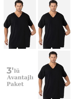 Arma Yıldız 3'lü Paket Siyah Erkek V Yaka Kısa Kollu Büyük Beden Tişört %100 Pamuklu Penye