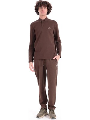 Piero Perla Regular Fit Penye İnterlok Jakar Yakalı Uzun Kollu Polo Erkek Taba T-Shirt