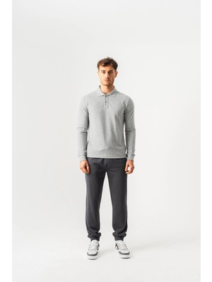 Piero Perla Polo Yaka Slim Fit Uzun Kollu Erkek Gri Melanj T-Shirt