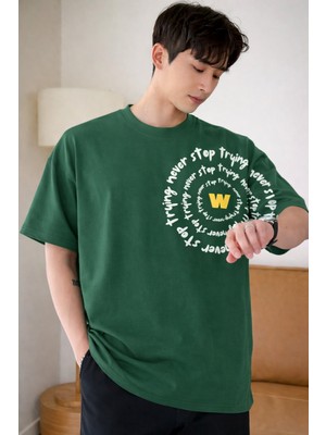 Tarz Cool Erkek Oversize Tişört Never Stop Trying Baskılı Salaş Kalıp