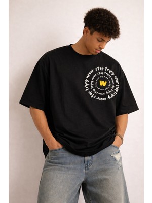 Tarz Cool Erkek Oversize Tişört Never Stop Trying Baskılı Salaş Kalıp