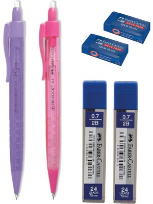 Faber-Castell Tri Click Versatil Kalem 0.7 mm 2'li Renkli Uç 0.7 mm ve Sınav Silgi 2'li Set