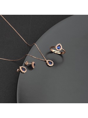 Miavi Silver Miavi 925 Ayar Gümüş Safir Taşlı Kolye Küpe Yüzük Takı Seti Rose Kaplama El İşçiliği