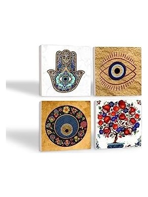 Teknocan Marketing Nazar, Nar Ağacı, Fatma Ana Eli  Taş Bardak Altlığı Seti - 4 Parça - Dekoratif, Rustik Mutfak Aksesuarı, 10X10 Cm, Kaydırmaz Tabanlı, Şık ve Dayanıklı SC509