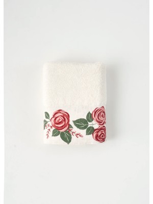 %100 Pamuk Rose Baskılı El Havlusu Krem (30X50 Cm)