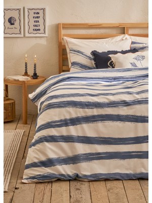 %100 Pamuk Saten Marine Çift Kişilik Nevresim Seti Mavi-Beyaz  (200X220 Cm)