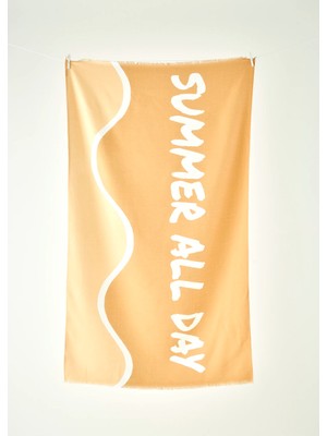 %100 Pamuk Summer All Day Baskılı Plaj Havlusu Hardal (90X150 Cm)