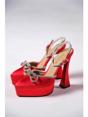 Ayakkabı Ateşi Kırmızı Saten Taş Detaylı Platform Kadın Ayakkabı Fallon