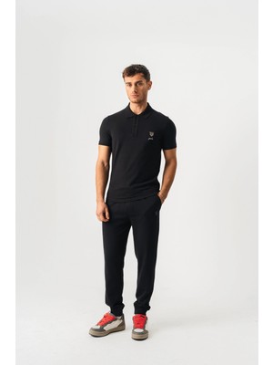 Piero Perla Polo Yaka Slim Fit Ön Jaguar Nakış Erkek Siyah T-Shirt