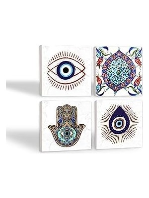 Teknocan Marketing Nazar, Çini Sanatı, Fatma Ana Eli  Taş Bardak Altlığı Seti - 4 Parça - Dekoratif, Rustik Mutfak Aksesuarı, 10X10 Cm, Kaydırmaz Tabanlı, Şık ve Dayanıklı SC410
