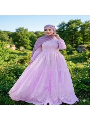 Muslima Wear Rose Dream İnci Düğmeli Pembe Gül Desenli Kadın Elbisesi