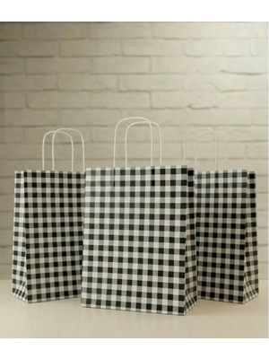 Aybaş Kağıtçılık 1.kalite 25X31 cm (15 Adet)Büyük Boy Siyah/beyaz Ekose Kraft Kağıt Çanta,hediye Poşeti,hediye Paketi