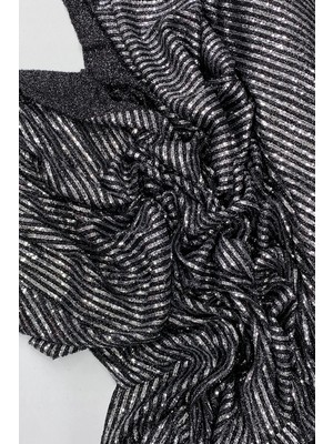 Al-Fil Teknoloji Sakallı Çizgili Pullu Kumaş  Pullu Payet Kumaş Abiye Nişan Düğün Siyah