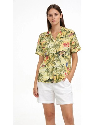 Alfanora Kadın Gün Batımı Tropikal Desenli Kısa Kol Gömlek Şort Takım Yazlık Rahat Kalıp - Desenli
