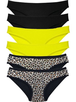 Al-Fil Teknoloji 6 Adet Likralı Kadın Slip Külot Leopar Siyah Sarı
