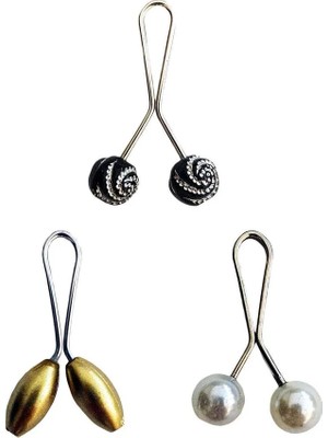 Al-Fil Teknoloji 3 Adet Tesettür Eşarp ve Şal Klipsi Sarı Inci Beyaz Siyah Desenli