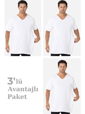 Arma Yıldız 3'lü Paket Beyaz Erkek V Yaka Kısa Kollu Büyük Beden Tişört %100 Pamuklu Penye