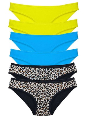 Al-Fil Teknoloji 6 Adet Likralı Kadın Slip Külot Leopar Sarı Mavi