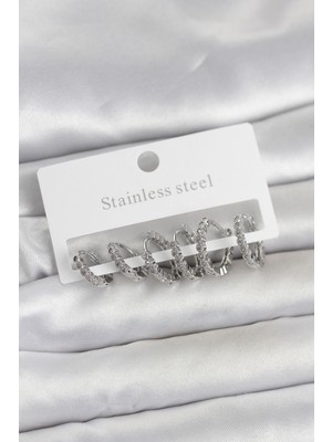 DS LLC 316L Çelik Gümüş Renk Zirkon Taşlı Halka Model Kadın Küpe Seti DSLLC-3245YU5