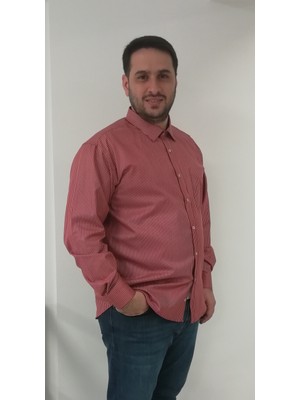 Tousus Büyük Beden Kiremit Çizgili Erkek Gömlek Uzun Kol %100 Pamuk Günlük Stil