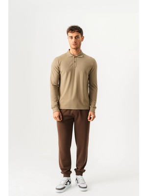 Piero Perla Polo Yaka Slim Fit Uzun Kollu Erkek Haki T-Shirt