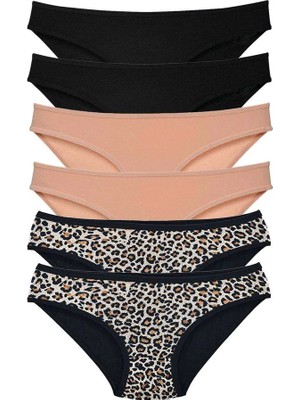 Al-Fil Teknoloji 6 Adet Likralı Kadın Slip Külot Leopar Siyah Ten